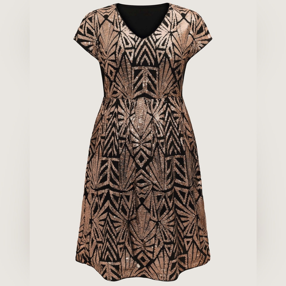 BloomChic Geometric Sequin Dolman Sleeve Midi Dress, Black/Gold, Size 12/L